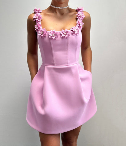 Gitor Apparel Square Neck 3D Floral Pink Mini Dress with Full Skirt