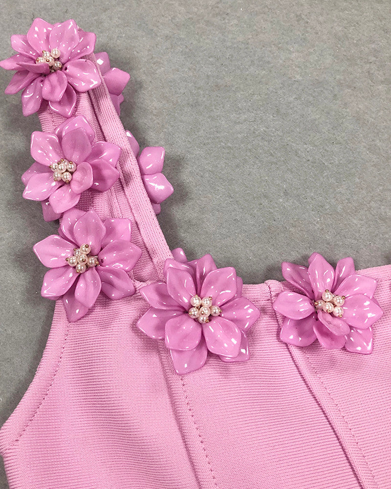 Gitor Apparel Square Neck 3D Floral Pink Mini Dress with Full Skirt