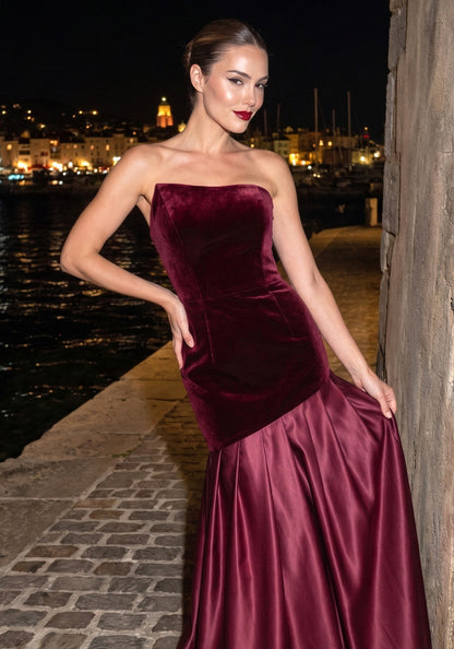 Gitor Apparel Strapless Velvet Burgundy A-Line Maxi Dress